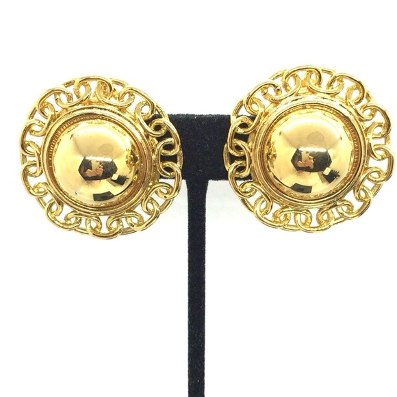 VINTAGE 80S CHAIN LINK GOLD TONE ROUND CLIP ON EARRINGS STATEMENT DOMED LARGE - Picture 1 of 14